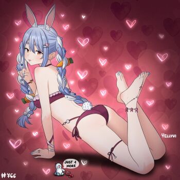 Rule 34 | 1girl, alternate costume, animal ear fluff, animal ears, anklet, artist name, ass, barefoot, barefoot sandals (jewelry), bikini, blue hair, blue nails, blush, braid, carrot hair ornament, commentary, english commentary, feet, feet up, food-themed hair ornament, frilled bikini, frills, from behind, full body, hair between eyes, hair ornament, hairclip, hand up, highres, hololive, jewelry, legs, looking at viewer, multicolored hair, nail polish, orange eyes, pink background, purple bikini, rabbit ears, rabbit girl, rabbit tail, ring, side-tie bikini bottom, sidelocks, smile, solo, streaked hair, swimsuit, tail, thick eyebrows, toenail polish, toenails, toes, tongue, tongue out, twin braids, usada pekora, virtual youtuber, white hair, yellyvi