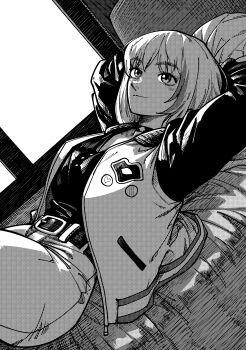 1girl absurdres arms_behind_head belt choker closed_mouth commentary commission english_commentary greyscale highres jacket kawai_rika letterman_jacket lying monochrome on_back on_bed open_clothes open_jacket pants rocklobster52s screentones shirt short_hair solo window wonder_egg_priority
