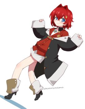 1girl ange_katrina ange_katrina_(1st_costume) ankle_boots bare_legs black_boots black_coat blue_eyes blush boots cardigan closed_mouth coat commentary_request crossed_bangs double-parted_bangs dress dutch_angle full_body hair_between_eyes hair_intakes hair_ornament hands_up long_bangs looking_at_viewer medium_hair nijisanji noodle_legs red_cardigan red_hair shadow short_dress simple_background sleeves_past_wrists smile solo twitter_username virtual_youtuber walking white_background white_dress yokoshima_takemaru