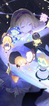 >_< 6+girls :d absurdres alice_margatroid apron black_footwear black_skirt black_vest blonde_hair blue_dress blue_eyes blush_stickers bow broom capelet chibi climbing clone dress falling frilled_hat frilled_skirt frills hat hat_bow unworn_hat headband unworn_headwear highres holding_another's_arm kirisame_marisa leaning_on_object long_hair long_sleeves looking_at_another looking_at_viewer looking_back mary_janes medium_hair multiple_girls open_mouth puffy_short_sleeves puffy_sleeves red_headband running shirt shoes short_sleeves skirt sky smile star_(sky) star_(symbol) star_trail starry_sky touhou twintails v-shaped_eyebrows vest waist_apron walking wb_yimo white_bow white_capelet white_legwear white_shirt witch_hat wristband yellow_eyes