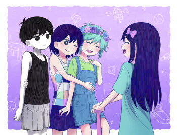 Rule 34 | 1girl, 3boys, alternate eye color, antenna hair, arm behind back, aubrey (headspace) (omori), aubrey (omori), baseball bat, basil (headspace) (omori), basil (omori), black eyes, black hair, black tank top, blue overalls, blue shirt, blush, bow, bright pupils, checkered clothes, closed mouth, collarbone, colored skin, commentary request, double-parted bangs, flower, flower wreath, green hair, green shirt, hair between eyes, hair bow, head wreath, highres, holding, holding baseball bat, kel (headspace) (omori), kel (omori), long hair, long shirt, multiple boys, omori, omori (omori), one eye closed, open mouth, overall shorts, overalls, pink bow, purple hair, revision, segue5o, shirt, short hair, short sleeves, shorts, sidelocks, smile, striped clothes, striped shorts, t-shirt, tank top, teeth, tongue, tongue out, upper teeth only, vertical-striped clothes, vertical-striped shorts, white pupils, white shorts, white skin