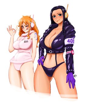 2girls arm_behind_back bare_shoulders black_hair black_jacket blue_eyes blue_tattoo blush breasts brown_eyes cleavage closed_mouth collarbone cropped_jacket cropped_legs gloves hand_on_own_hip hand_on_own_thigh headphones headset huge_breasts jacket large_breasts leather leather_jacket long_hair looking_at_viewer money_gesture multiple_girls nami_(one_piece) nami_(one_piece)_(egghead) navel nico_robin nico_robin_(egghead) official_alternate_costume one_eye_closed one_piece orange_hair purple_gloves radio_antenna rozboi shiny_skin shoulder_tattoo simple_background smile sparkle suspenders tattoo thighs tongue tongue_out white_background wink