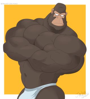 1boy alternate_muscle_size artist_name bara biceps bikini_briefs bodybuilder border brown_fur commentary crossed_arms dated furry gorilla gouriki_ayumu highres jabuhusky large_pectorals male_focus male_underwear muscular muscular_male navel odd_taxi pectorals simple_background solo topless_male twitter_username underwear underwear_only white_border yellow_background