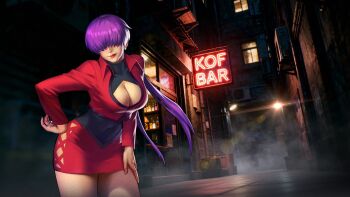 1girl bar breasts cleavage cleavage_cutout clothing_cutout curvy dress earrings female_focus hallway hand_on_own_hip huge_breasts jewelry large_breasts long_hair orochi_shermie outdoors ponytail purple_hair shermie_(kof) skirt smile standing tan the_king_of_fighters thick_thighs thighs twintails wide_hips