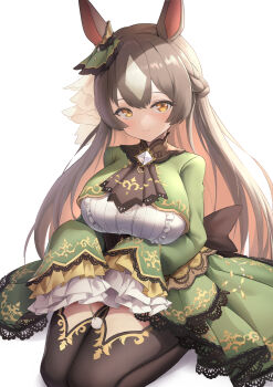 Rule 34 | 1girl, absurdres, animal ears, ascot, black thighhighs, blush, bow, braid, breasts, brown ascot, brown eyes, brown hair, chinese commentary, closed mouth, commentary, double-parted bangs, dress, ear ornament, ear ribbon, frills, green dress, green jacket, hair between eyes, half up braid, half updo, high-low skirt, highres, horse ears, horse girl, jacket, large breasts, long hair, long sleeves, looking at viewer, multicolored hair, satono diamond (natural brilliance) (umamusume), satono diamond (umamusume), seiza, sitting, sleeves past fingers, sleeves past wrists, smile, solo, streaked hair, thighhighs, umamusume, very long hair, ye yemail