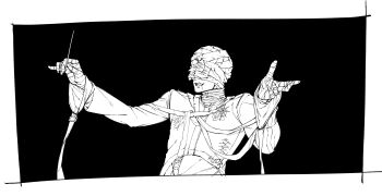 1boy absurdres aleph_(reverse:1999) bandaged_hand bandaged_head bandages black_background border conductor_baton covered_eyes greyscale hands_up highres holding_baton male_focus monochrome open_mouth reverse:1999 scar scar_on_face scar_on_mouth shirt smile solo the_idealist_(reverse:1999) upper_body white_border yama_(yama_7182)