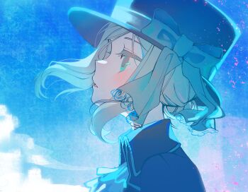 1girl ascot blue_background blue_bow blue_coat blue_hat blue_theme bow coat floating_hair from_side grey_eyes grey_hair hair_bun hat hat_bow highres looking_up parted_lips portrait profile qiepupu reverse:1999 short_hair single_side_bun solo vertin_(reverse:1999) white_ascot