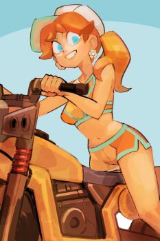 1girl 33dot absurdres aqua_trim baseball_cap blue_background blue_eyes brown_hair dolphin_shorts earrings flower_earrings grin hat highres jewelry looking_at_viewer mario_(series) mario_kart mario_kart_world medium_hair midriff motor_vehicle motorcycle navel nintendo orange_shorts princess_daisy princess_daisy_(swimwear)_(mario_kart_world) shorts side_ponytail simple_background smile sports_bra teeth two-tone_shorts two-tone_sports_bra white_hat