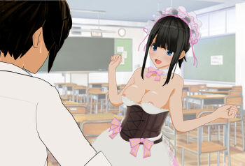 1boy 1girl 3d apron black_corset black_hair blue_eyes blush bow bowtie breasts ceiling ceiling_light chair chalkboard classmate_daisuki classroom cleavage clock collarbone corset desk detached_collar from_behind highres long_hair looking_at_viewer maid maid_headdress medium_breasts nipple_slip nipples open_mouth original pink_bow pink_bowtie pink_skirt ponytail school_uniform shirt short_hair short_sleeves skirt smile standing sweatdrop white_apron white_shirt