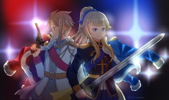 Rule 34 | 2girls, ange (princess principal), belt, blonde hair, blue eyes, blue jacket, blue ribbon, brown hair, closed mouth, crossover, fur-trimmed jacket, fur trim, gun, hair ribbon, highres, holding, holding gun, holding sword, holding weapon, jacket, long hair, long sleeves, looking at viewer, looking to the side, multiple girls, pleated skirt, ponytail, princess (princess principal), princess principal, red jacket, red sash, ribbon, sash, short hair, shoujo kageki revue starlight, shoulder pads, shoulder sash, skirt, stage lights, sword, waist cape, weapon, xin (blueramen), yellow belt