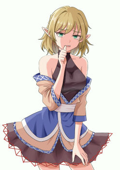 1girl absurdres biting biting_own_thumb black_dress blonde_hair breasts brown_shirt commentary_request cowboy_shot dress green_eyes half_updo highres kiyo_(tomoki6107) looking_at_viewer medium_breasts mizuhashi_parsee off_shoulder open_mouth pointy_ears shaded_face shirt short_hair short_sleeves simple_background sleeveless sleeveless_dress solo touhou translation_request white_background
