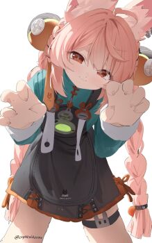 1girl animal_ear_fluff animal_ears animal_hands artist_name black_dress blue_shirt braid claw_pose closed_mouth cryne dress furry furry_female hair_ornament highres long_hair long_sleeves looking_at_viewer pinafore_dress pink_hair rabbit_ears rabbit_girl red_eyes shirt simple_background sleeveless sleeveless_dress smile solo sphere_hair_ornament twitter_username white_background zenless_zone_zero zhao_(zenless_zone_zero)