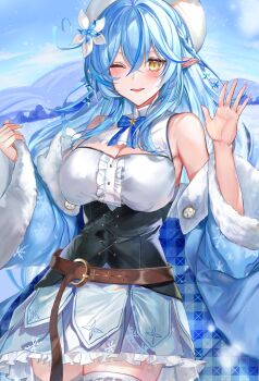 Rule 34 | 1girl, absurdres, ahoge, bare shoulders, blue bow, blue bowtie, blue coat, blue hair, blush, boots, bow, bowtie, braid, breasts, brown boots, cleavage, cleavage cutout, closed mouth, clothing cutout, coat, colored tips, commentary request, corset, elf, flower, frilled skirt, frills, fur trim, gurei (streaper42846), hair between eyes, hair flower, hair ornament, hat, heart, heart ahoge, highres, hololive, large breasts, long hair, long sleeves, looking at viewer, multicolored hair, off shoulder, one eye closed, pointy ears, ribbon, side braid, skirt, smile, snowflake print, solo, streaked hair, thighhighs, transparent background, virtual youtuber, white flower, white hat, white thighhighs, yellow eyes, yukihana lamy, yukihana lamy (1st costume), zettai ryouiki