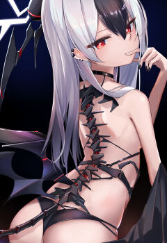 1girl barbell_piercing bikini black_background black_bikini black_choker black_hair black_nails blue_archive blush choker ear_piercing finger_to_mouth halo highres industrial_piercing kayoko_(blue_archive) kie_(yospcd) looking_at_viewer looking_back mechanical_spine mechanical_tail mechanical_wings multicolored_hair piercing red_eyes simple_background solo spine streaked_hair swimsuit tail white_hair wings