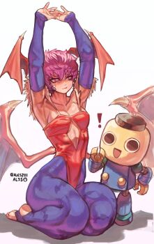! 1girl 1other absurdres animal_print artist_name bat_print commentary darkstalkers english_commentary gabriel_ales hands_up head_wings highres leotard lilith_(darkstalkers) mega_man_(series) pantyhose red_leotard robot servbot_(mega_man) short_hair simple_background white_background wings