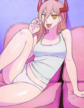 1girl absurdres breasts chainsaw_man cross-shaped_pupils hair_between_eyes highres horns jeff_miga knee_up long_hair long_hair_between_eyes medium_breasts multiple_horns panties pink_hair power_(chainsaw_man) red_horns sharp_teeth sitting solo symbol-shaped_pupils tank_top teeth tongue tongue_out underwear white_panties white_tank_top yellow_eyes
