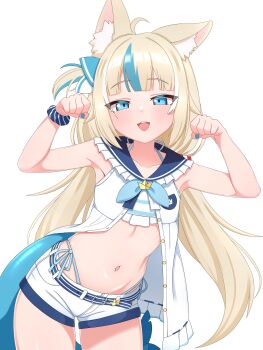 1girl absurdres animal_ear_fluff animal_ears aqua_bikini aqua_hair aqua_nails bikini bikini_bottom_under_shorts bikini_under_clothes blonde_hair blue_eyes blush cat_ears cowboy_shot dress fins fish_girl fish_tail frilled_shirt_collar frills highres indie_virtual_youtuber long_hair looking_at_viewer mingkozus multicolored_hair navel open_mouth paw_pose sameko_saba short_shorts shorts side-tie_bikini_bottom simple_background sleeveless sleeveless_dress solo streaked_hair striped_bikini striped_clothes swimsuit tail virtual_youtuber white_background white_dress white_shorts