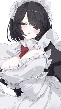 1girl apron between_breasts black_eyes black_hair blush breasts character_request cleavage closed_mouth commentary_request copyright_request highres hk_nnm large_breasts maid maid_apron maid_headdress necktie necktie_between_breasts red_necktie short_hair simple_background solo white_apron white_background