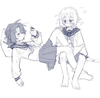 2girls barefoot blush cellphone closed_mouth commentary english_commentary ezier flying_sweatdrops greyscale highres holding holding_phone legs_on_another&#039;s_lap medium_hair monochrome multiple_girls neckerchief original phone pleated_skirt sailor_collar school_uniform serafuku skirt smartphone socks yuri