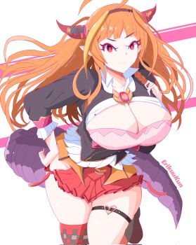 Rule 34 | 1girl, ahoge, black vest, blonde streaks, breasts, cleavage, cleavage cutout, closed mouth, clothing cutout, dragon girl, dragon horns, dragon tail, erikuukun, fang, hand on own hip, highres, hololive, horns, kiryu coco, kiryu coco (1st costume), large breasts, long hair, looking at viewer, multicolored hair, orange hair, pointy ears, purple eyes, red skirt, shirt, skin fang, skirt, smile, solo, streaked hair, tail, thigh strap, very long hair, vest, virtual youtuber, white shirt