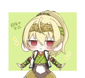 Rule 34 | 1girl, ahoge, ando tazusa, assault lily, blonde hair, blush, border, brown skirt, chibi, chinese clothes, closed mouth, commentary request, cowboy shot, detached sleeves, gold hairband, green background, green hairband, green shirt, hair between eyes, hair ornament, hairband, high-waist skirt, high ponytail, jacket, jitome, long sleeves, looking at viewer, medium hair, official alternate costume, open clothes, open jacket, outside border, outstretched arms, ponytail, red eyes, shirt, simple background, skirt, sleeveless, sleeveless jacket, solo, sparkle, standing, translation request, two-tone skirt, vambraces, vidro (vidro 094), white border, white jacket, white shirt