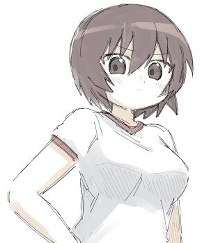 Rule 34 | 1girl, :|, absurdres, annoyed, arm at side, azumanga daiou, blush, breasts, brown eyes, brown hair, closed mouth, embarrassed, from below, gym shirt, gym uniform, hair between eyes, hand on own hip, hatching (texture), highres, hnnkckn, kagura (azumanga daioh), large breasts, light frown, looking at viewer, looking down, red trim, shirt, short hair, short sleeves, simple background, sketch, solo, standing, t-shirt, upper body, v-shaped eyebrows, white background, white shirt