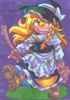 1girl :d \n/ absurdres apron badge black_hat black_skirt black_vest blonde_hair boots bow braid broom brown_boots brown_gloves button_badge capelet commentary_request eyelashes fingerless_gloves frills full_body gloves hair_between_eyes hat hat_bow highres holding holding_broom inuyama_konan kirisame_marisa lightning_bolt_symbol long_hair open_mouth purple_background shirt single_braid skirt smile smiley_face solo star_(symbol) star_print touhou very_long_hair vest waist_apron white_bow white_capelet white_shirt witch_hat yellow_eyes zipper