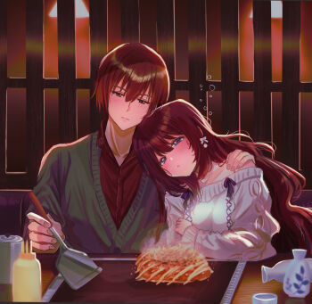 Rule 34 | 1boy, 1girl, a-chan (little busters!), alternate costume, bare shoulders, blue eyes, blush, bottle, bow, brown eyes, brown hair, cardigan, casual, closed mouth, commentary request, couple, drunk, eyes visible through hair, food, green cardigan, hair between eyes, hair bow, half-closed eyes, hand on another's shoulder, head on another's shoulder, hetero, highres, hug, indoors, leaning on person, little busters!, long hair, long sleeves, miiizuno lbs, natsume kyousuke, off-shoulder sweater, off shoulder, okonomiyaki, red shirt, sake bottle, shirt, short hair, side-by-side, sitting, sleeves past wrists, sweater, upper body, very long hair, wavy hair, white bow, white sweater