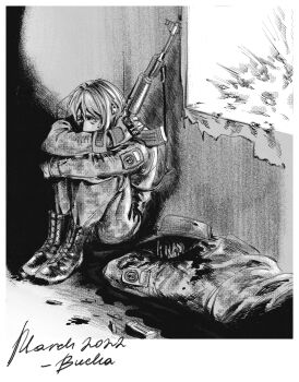 1boy 1other ak-47 assault_rifle battle_of_bucha blood boots camouflage camouflage_jacket camouflage_pants commentary commission commissioner_upload corpse death english_commentary explosion full_body greyscale gun hat hiding highres holding holding_weapon hugging_object hugging_own_legs international_legion_of_ukraine jacket kalashnikov_rifle kenneth_del_duca lace-up_boots long_hair long_sleeves lying male_focus monochrome nervous_sweating non-web_source on_stomach original pants peaked_cap polaroid_photo pool_of_blood postal_(game) rifle russo-ukrainian_war scared sitting soldier sweat sweetrinaxd weapon wide-eyed window writing