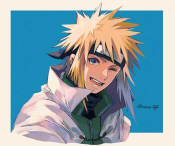 Rule 34 | 1boy, black headband, black shirt, blonde hair, blue background, blue eyes, border, green vest, headband, jacket, male focus, medium hair, namikaze minato, naruto (series), one eye closed, open mouth, shirt, smile, solo, spiked hair, turtleneck, twitter username, unno 24, upper body, vest, white border, white jacket