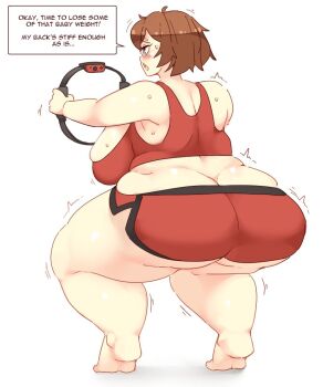 1girl 2025 aged_up alternate_breast_size_(larger) arms_up ass bare_legs barefoot black_trim blue_eyes blush breasts brown_hair butt_crack clenched_hands collarbone commentary english_commentary english_text exercising fat female_focus holding huge_ass huge_breasts legs_apart looking_ahead mature_female may_(pokemon) midriff nintendo nintendo_switch_controller pokemon pokemon_rse red_shorts red_tank_top ring_fit_adventure rtil short_hair shorts soles solo speech_bubble squatting sweat tank_top thick_thighs thighs tiptoes trembling
