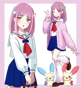 1girl :o ;) alternate_costume arched_bangs blue_skirt border brown_eyes brown_shoes cardigan character_hair_ornament closed_mouth eyelashes gen_3_pokemon hair_ornament hairclip high-waist_skirt kneehighs lacey_(pokemon) long_sleeves looking_at_viewer miigon99999 minun multiple_views neckerchief nintendo one_eye_closed open_cardigan open_clothes open_mouth pink_border pink_cardigan pink_hair pleated_skirt plusle pokemon pokemon_(anime) pokemon_(creature) pokemon_horizons pokemon_sv red_neckerchief sailor_collar school_uniform serafuku shirt shoes skirt smile socks standing standing_on_one_leg white_background white_sailor_collar white_shirt white_socks