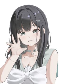 1girl absurdres asymmetrical_bangs bandaid bandaid_on_finger bandaid_on_hand bell black_hair blush bracelet breasts cleavage collarbone commentary goddess_of_victory:_nikke green_nails grey_eyes hair_ornament hairclip hand_up highres jewelry large_breasts long_hair looking_at_viewer mint_(fresh_mint)_(nikke) mint_(nikke) mole mole_on_breast neck_bell official_alternate_costume parted_lips pomaki3 simple_background solo upper_body white_background