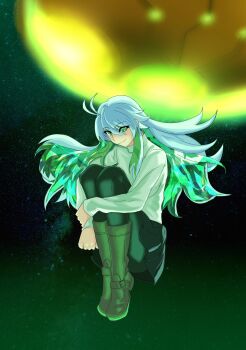 1girl 1other ahoge alternate_costume arcueid_brunestud arcueid_brunestud_(cosplay) black_pantyhose blue_skirt blush boots brown_boots cosplay dual_persona fate/grand_order fate_(series) floating floating_hair green_eyes green_hair hair_between_eyes highres hugging_own_legs kukulkan_(fate) long_hair makentetsu miniskirt ort_(type-moon) pantyhose parody scene_reference skirt sky smile space star_(sky) starry_sky sweater trait_connection tsukihime tsukihime_(remake) turtleneck turtleneck_sweater ufo white_sweater