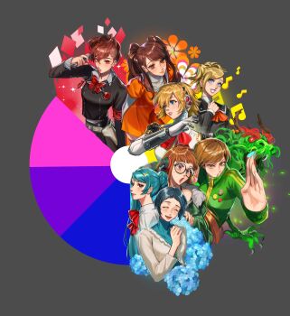 6+girls absurdres aigis_(persona) aiming armband artist_name blonde_hair blue_eyes blue_hair bow bowtie brown_eyes brown_hair closed_eyes color_wheel_challenge commentary curo_(curo_02) dragon dress english_commentary evoker fighting_stance gekkoukan_high_school_uniform glasses green_track_suit gun gun_to_head hair_bun headphones highres holster kimijima_yuu_(persona) kujikawa_rise lisa_silverman long_hair multiple_drawing_challenge multiple_girls musical_note open_mouth persona persona_2 persona_2_tsumi persona_3 persona_3_portable persona_4 persona_5 red_eyes robot_girl sakura_futaba satonaka_chie school_uniform seven_sisters_high_school_uniform shiomi_kotone short_hair single_hair_bun smile track_suit twintails unfinished voice_actor_connection weapon yamagishi_fuuka