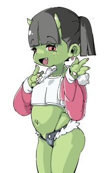 1girl :d belly black_hair camisole colored_skin earrings fang female_goblin freckles g00bl1n goblin green_skin highres horns jewelry loli looking_at_viewer midriff navel open_mouth original red_eyes short_hair short_shorts shorts simple_background smile standing twintails white_background white_camisole