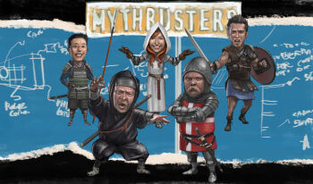 1girl 4boys adam_savage armor armored_boots arms_up beard black_eyes black_footwear black_hair black_kimono black_pants blue_background blue_tunic blueprint_(object) boots brown_gloves chainmail chibi copyright_name crossed_arms dou edomon_(toriaezu) english_text facial_hair flat_chest full_armor full_body gauntlets gladiator gloves grant_imahara grey_footwear grey_gloves grey_helmet grin half-closed_eyes hand_on_own_hip hands_up helmet holding holding_polearm holding_shield holding_spear holding_weapon hood hood_up hooded_robe jamie_hyneman japanese_armor japanese_clothes kari_byron katana kimono knight kusazuri legs_apart long_sleeves looking_at_viewer medium_hair multiple_boys mustache mythbusters ninja open_mouth orange_hair pants polearm real_life realistic red_tunic robe samurai sandals scabbard sheath sheathed shield shoulder_armor smile sode spear spiked_hair spread_fingers squatting squinting standing sword teeth tory_belleci tunic weapon white_robe