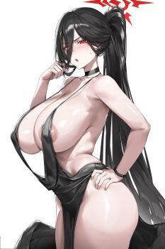1girl :o absurdres areola_slip bead_bracelet beads black_choker black_dress black_hair black_wings blue_archive blush bracelet choker collarbone dress eyes_visible_through_hair from_side halo hand_up hasumi_(blue_archive) highres jewelry long_hair looking_at_viewer looking_to_the_side low_wings open_mouth ponytail red_eyes red_halo samart simple_background solo white_background wings