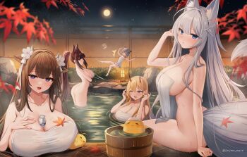 >_< 5girls :d ;d animal_ear_fluff animal_ears ass azur_lane between_breasts blonde_hair blurry bottle bottomless breasts brown_hair bucket bush character_request cleavage collarbone cow_girl cow_horns depth_of_field fence flat_chest flower fox_ears fox_tail full_moon grey_hair hair_flower hair_ornament highres horns huge_breasts kashino_(azur_lane) kii_(azur_lane) kumano_(azur_lane) lantern large_breasts leaf long_hair manjuu_(azur_lane) maple_leaf marota milk_bottle moon multiple_girls naked_towel night one_eye_closed onsen open_mouth outdoors parted_lips purple_eyes sharp_teeth shinano_(azur_lane) sitting sky smile star_(sky) starry_sky suzutsuki_(azur_lane) tail teeth towel wading water wet