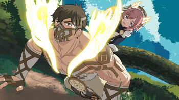 1boy 1girl absurdres animal_ears antlers brother_and_sister brown_hair collarbone commentary eikthyrnir_(fire_emblem) exercising fire_emblem fire_emblem_heroes glowing_antlers highres horns mask mouth_mask muscular muscular_male nature nintendo outdoors pectoral_cleavage pectorals push-ups ratatoskr_(fire_emblem) short_hair siblings squirrel_ears summoner1709041