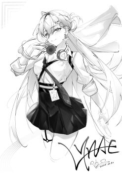 1girl braid braided_bangs breasts closed_mouth commentary_request dated earrings greyscale hair_ornament headphones headphones_around_neck highres holding id_card jewelry jijing_zishui long_hair looking_at_viewer lynae_(wuthering_waves) medium_breasts monochrome necktie partial_commentary shirt_tucked_in signature skirt skull_hair_ornament smile solo star_(symbol) star_earrings wuthering_waves