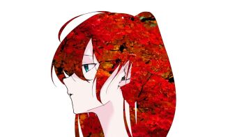 1girl ahoge ao_191229 autumn autumn_leaves closed_mouth commentary_request double_exposure green_eyes hair_between_eyes hatsune_miku leaf long_hair portrait profile simple_background solo twintails vocaloid white_background