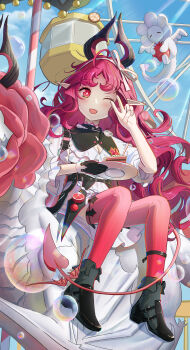 1girl ;d absurdres amusement_park ankle_boots arknights black_boots black_gloves blush boots breasts bright_pupils cake cake_slice cherry chinese_commentary cleavage cleavage_cutout clothing_cutout commentary_request creature day diamond-shaped_pupils diamond_(shape) food frills fruit full_body gloves hair_ribbon highres holding holding_plate lens_flare light_rays long_hair looking_at_viewer making-of_available mixed-language_commentary nymph_(arknights) one_eye_closed open_mouth outdoors pantyhose pink_hair pink_pantyhose pink_tail plate pointy_ears red_eyes ribbon ruqbimo1 shirt single_glove sitting small_breasts smile soap_bubbles solo symbol-shaped_pupils tail v v_over_eye white_pupils white_ribbon white_shirt wind