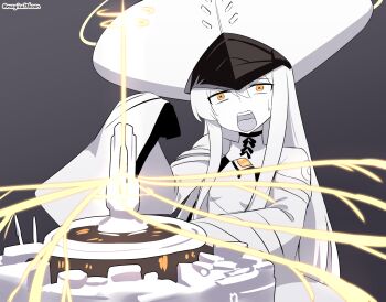 1girl blue_archive cheese colored_skin commentary_request food halo hat highres large_hat long_hair malkuth_(blue_archive) meme open_mouth sleeves_past_fingers sleeves_past_wrists solo symbol-shaped_pupils tasty_hoon_cheese_fondue_(meme) threeboon twitter_username upper_body white_hair white_hat white_skin x-shaped_pupils yellow_eyes yellow_halo