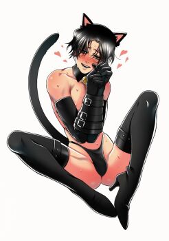 1boy animal_ears bdsm bell black_eyes black_gloves black_hair blush bondage boots bound cat_ears cat_tail detached_collar gloves heart high_heel_boots high_heels jingle_bell kemonomimi_mode killing_stalking male_focus parted_bangs short_hair spread_legs sweat tail tariah_furlow yoon_bum