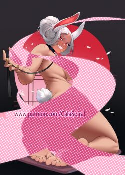 1girl animal_ears back bare_shoulders black_collar boku_no_hero_academia breasts collar convenient_censoring dark-skinned_female dark_skin from_behind gabriel_carrasquillo hair_bun highres holding holding_leash large_breasts leash long_eyelashes long_hair looking_at_viewer mirko nail_polish parted_bangs patreon_username rabbit_ears rabbit_girl rabbit_tail red_eyes seiza silhouette single_hair_bun sitting smile solo tail thick_thighs thighs toes toned white_hair yellow_nails