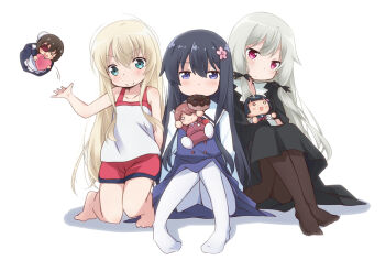 3girls amano_akari barefoot black_hair blonde_hair blue_eyes character_doll crossover doll flower green_eyes grey_hair hair_flower hair_ornament hoshino_miyako_(wataten) kamoi_tsubame long_hair multiple_crossover multiple_girls no_shoes nora-toro pantyhose pink_eyes school_uniform shirosaki_hana simple_background sitting skirt smile sophie_twilight takanashi_misha tonari_no_kyuuketsuki-san uchi_no_maid_ga_uzasugiru! very_long_hair watashi_ni_tenshi_ga_maiorita! white_background