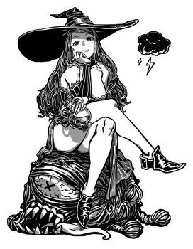 1girl bare_shoulders breasts cloud crossed_legs detached_sleeves dragon's_crown dress greyscale hat kahadu_(kawazu) large_breasts legs lightning_bolt_symbol long_hair monochrome monster one-eyed potion simple_background sitting smile sorceress_(dragon's_crown) thighhighs witch witch_hat