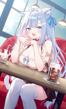 1girl :d absurdres animal_ear_fluff animal_ears bare_shoulders black_skirt blue_eyes blue_hair blue_ribbon blunt_bangs blush breasts brown_shirt cat_ears cat_girl cat_tail cleavage commentary cup double-parted_bangs drinking_glass drinking_straw fang feet_out_of_frame hair_ribbon hands_up highres hiraga_matsuri indie_virtual_youtuber indoors large_breasts long_hair looking_at_viewer naruse_nanakumo open_mouth ribbon shirt short_sleeves sitting skirt smile solo tail thighhighs virtual_youtuber white_thighhighs