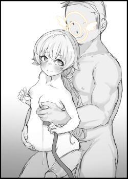 1boy 1girl blue_archive blush breasts completely_nude doodle_sensei_(blue_archive) foeyp grabbing_another's_breast grabbing_from_behind gradient_background grey_background groping halo halo_behind_head hand_on_another's_stomach hetero hifumi_(blue_archive) highres holding holding_hose hose large_penis long_hair low_twintails muscular muscular_male nipples nude penis pregnant sensei_(blue_archive) twintails variant_set white_background winged_halo yellow_halo